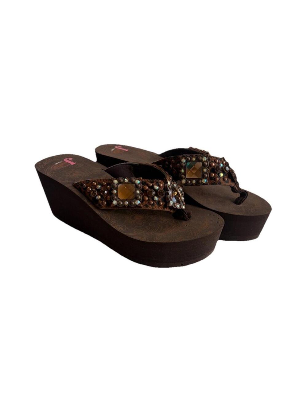 Justin Sandal Women 8 Brown Bling Thong Cowgirl Southwestern Platform Flip Flop